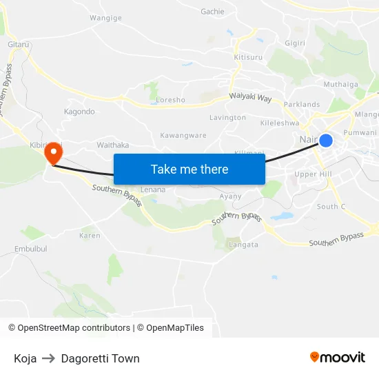Koja to Dagoretti Town map