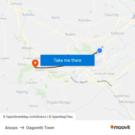 Alsops to Dagoretti Town map