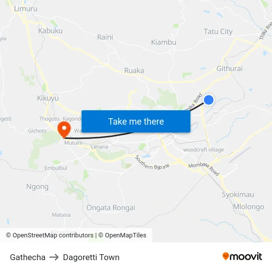 Gathecha to Dagoretti Town map