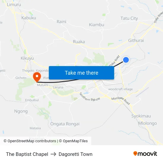The Baptist Chapel to Dagoretti Town map