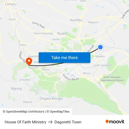 House Of Faith Ministry to Dagoretti Town map