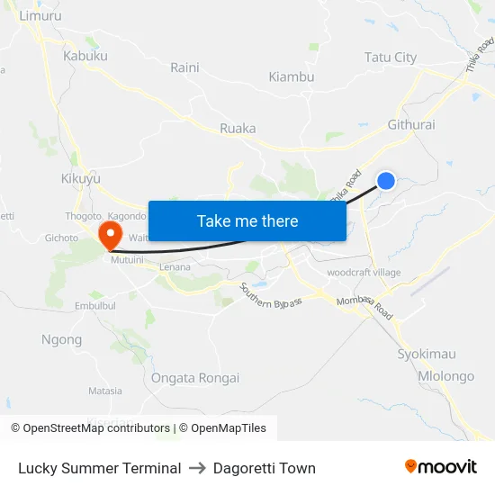 Lucky Summer Terminal to Dagoretti Town map