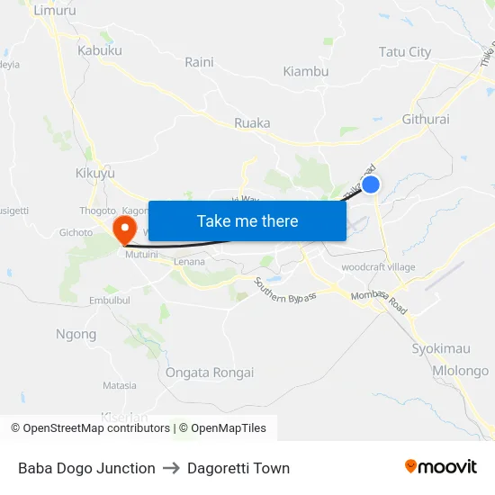 Baba Dogo Junction to Dagoretti Town map