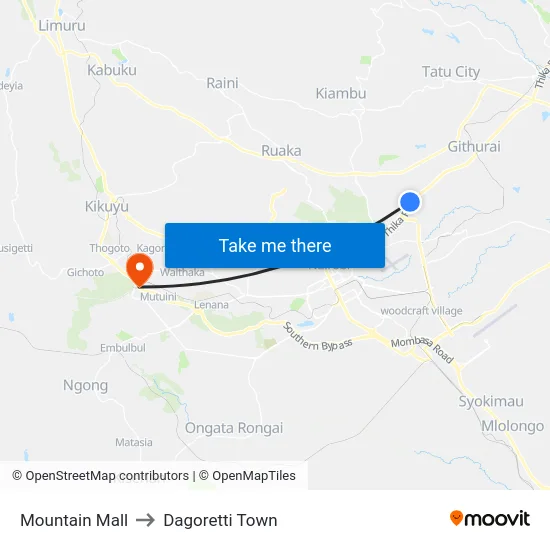 Mountain Mall to Dagoretti Town map
