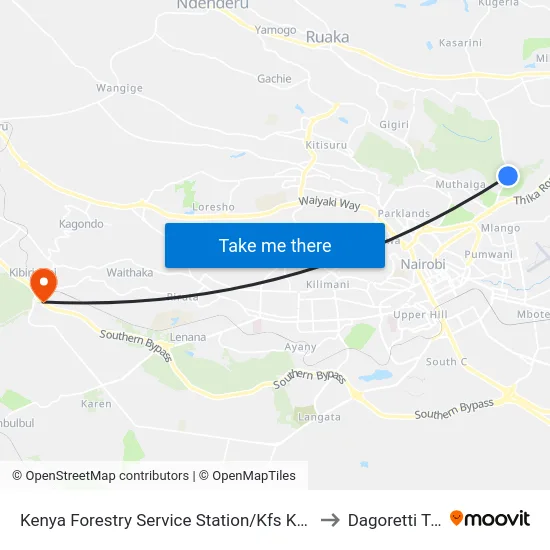 Kenya Forestry Service Station/Kfs Karura Gate to Dagoretti Town map