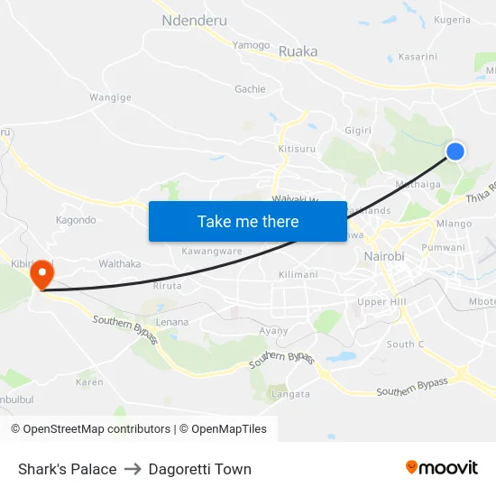 Shark's Palace to Dagoretti Town map