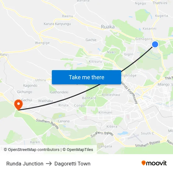 Runda Junction to Dagoretti Town map