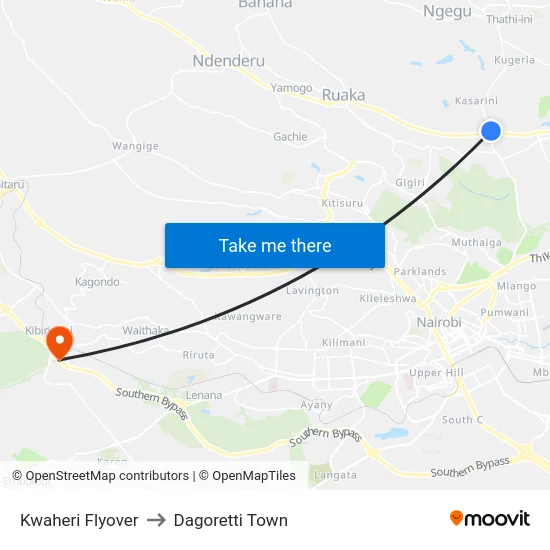 Kwaheri Flyover to Dagoretti Town map