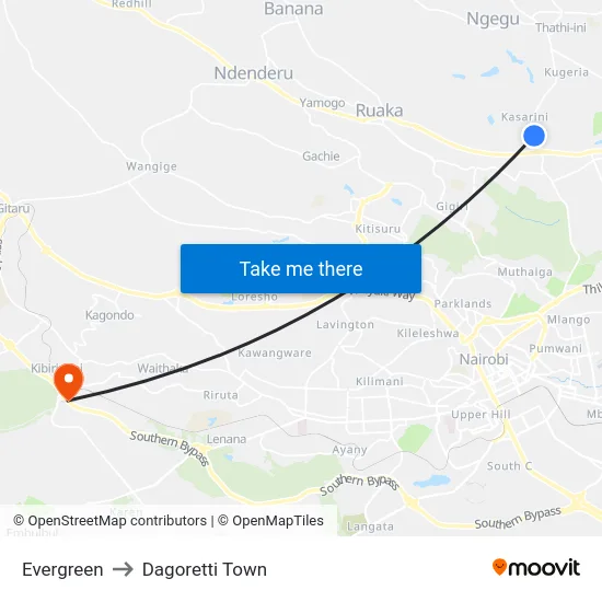 Evergreen to Dagoretti Town map