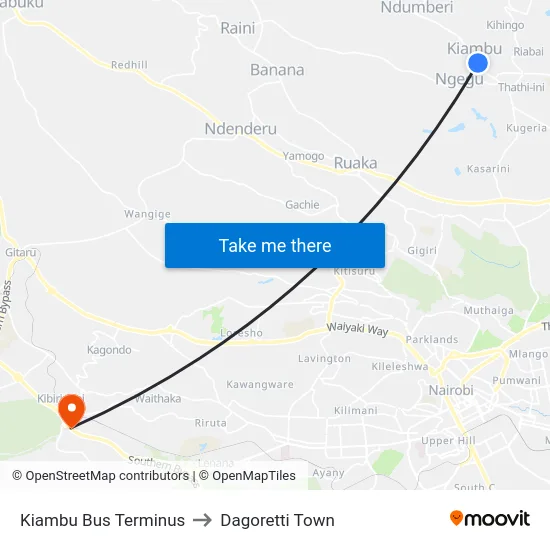 Kiambu Bus Terminus to Dagoretti Town map