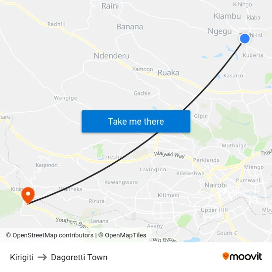 Kirigiti to Dagoretti Town map