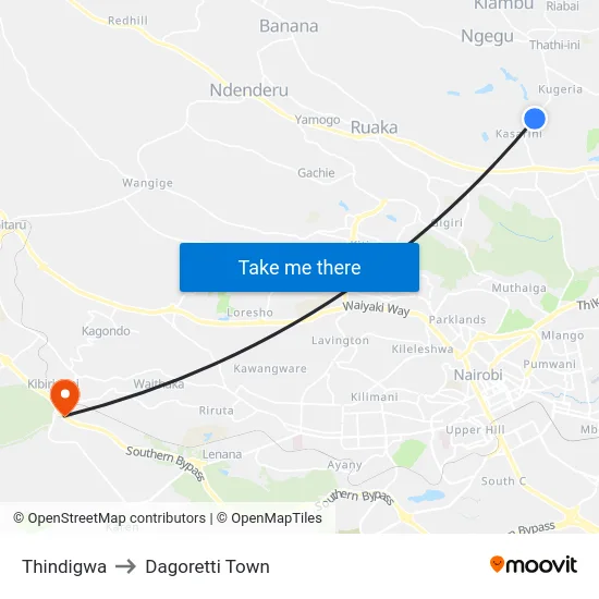Thindigwa to Dagoretti Town map