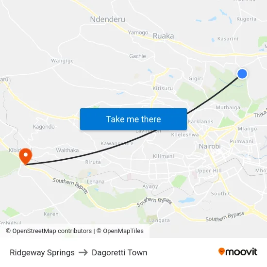 Ridgeway Springs to Dagoretti Town map