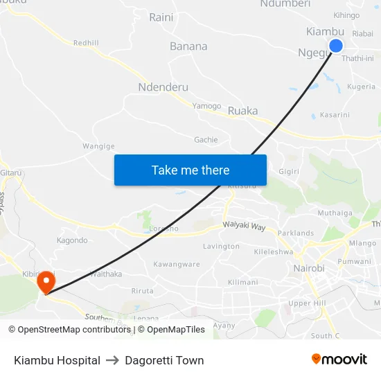 Kiambu Hospital to Dagoretti Town map
