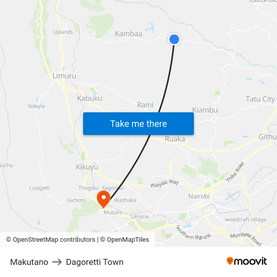 Makutano to Dagoretti Town map