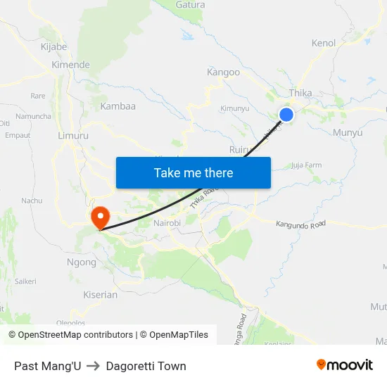 Past Mang'U to Dagoretti Town map