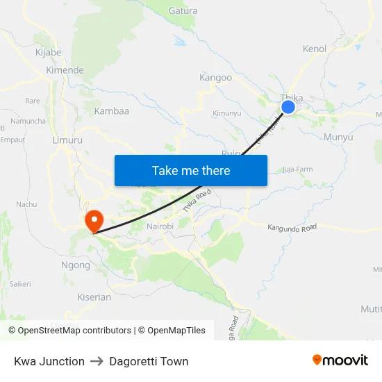 Kwa Junction to Dagoretti Town map