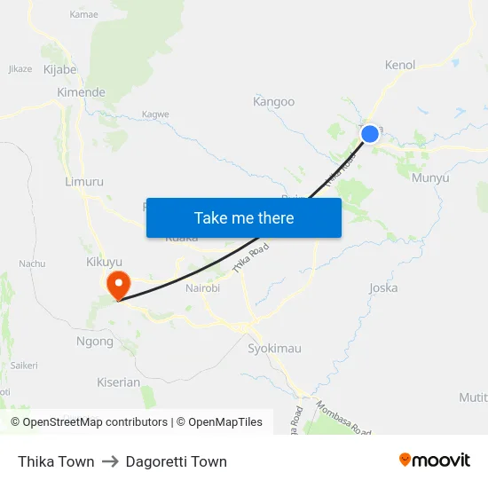 Thika Town to Dagoretti Town map