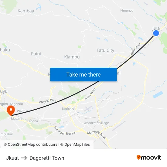 Jkuat to Dagoretti Town map