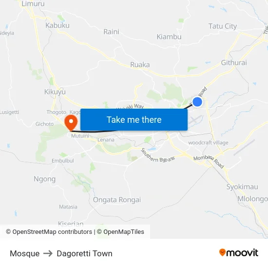 Mosque to Dagoretti Town map