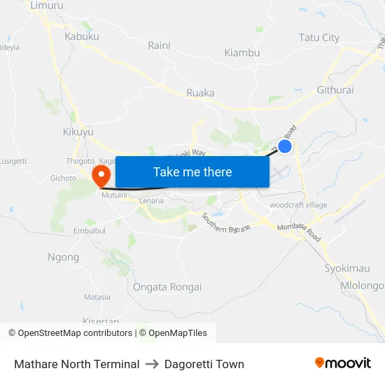 Mathare North Terminal to Dagoretti Town map