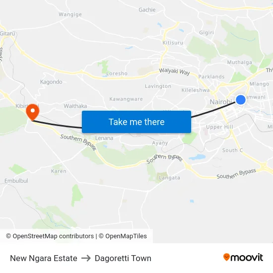 New Ngara Estate to Dagoretti Town map