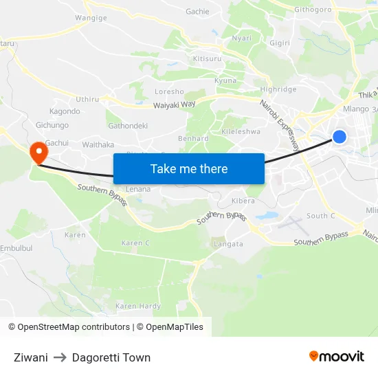 Ziwani to Dagoretti Town map