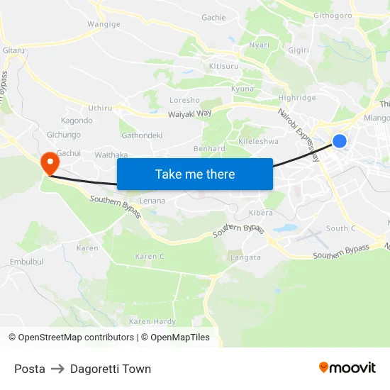 Posta to Dagoretti Town map