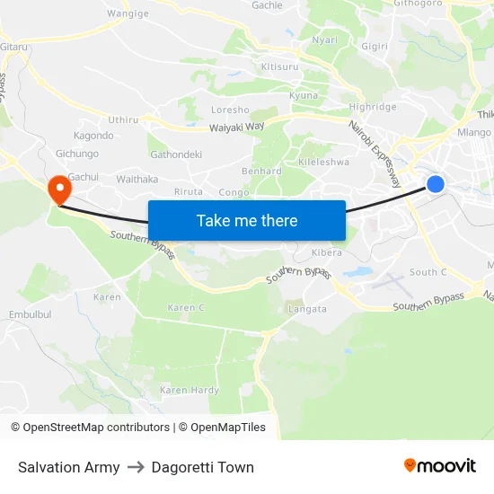 Salvation Army to Dagoretti Town map