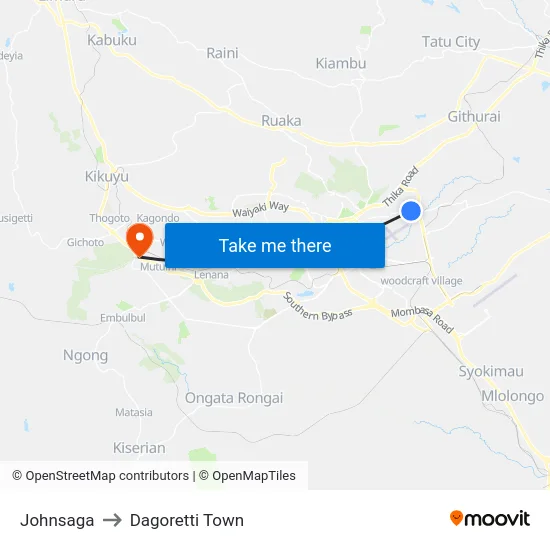 Johnsaga to Dagoretti Town map