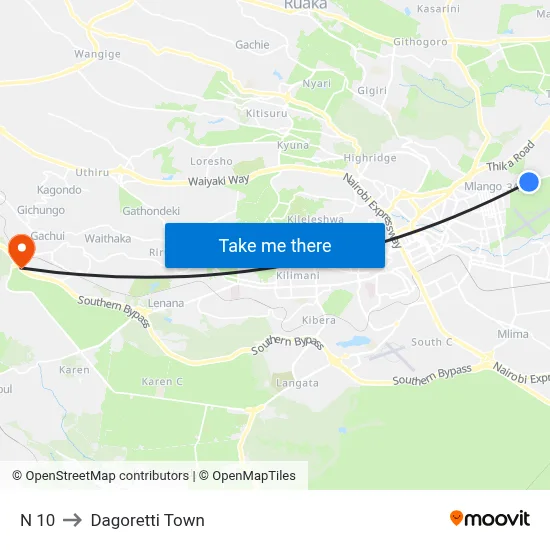 N 10 to Dagoretti Town map