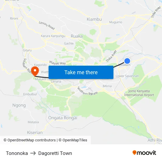 Tononoka to Dagoretti Town map