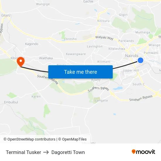 Terminal Tusker to Dagoretti Town map