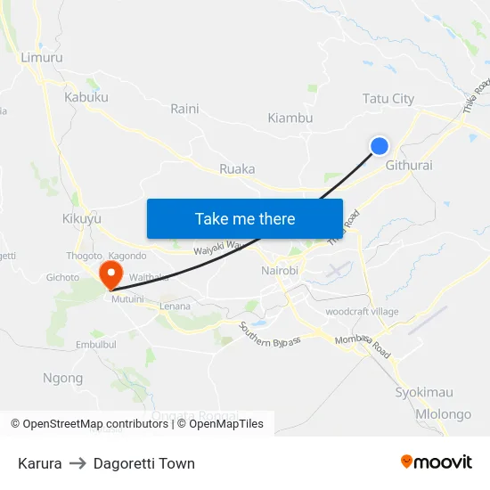 Karura to Dagoretti Town map
