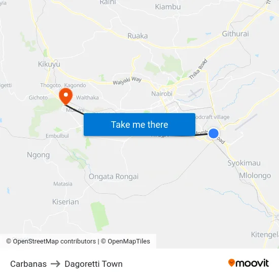 Carbanas to Dagoretti Town map