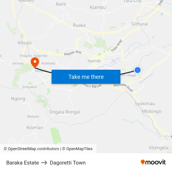 Baraka Estate to Dagoretti Town map