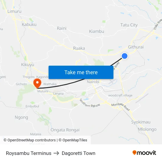 Roysambu Terminus to Dagoretti Town map