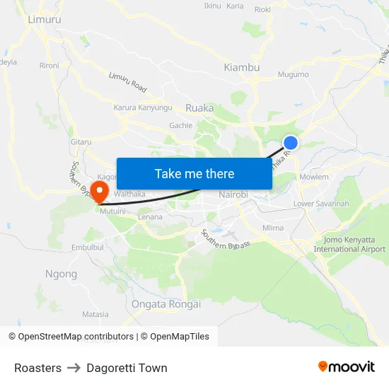 Roasters to Dagoretti Town map