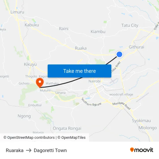 Ruaraka to Dagoretti Town map