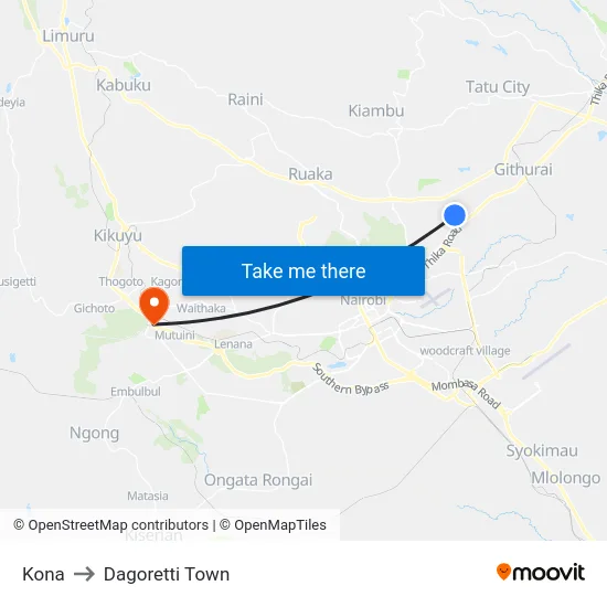 Kona to Dagoretti Town map