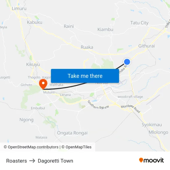 Roasters to Dagoretti Town map