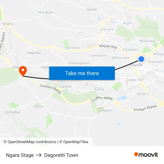 Ngara Stage to Dagoretti Town map