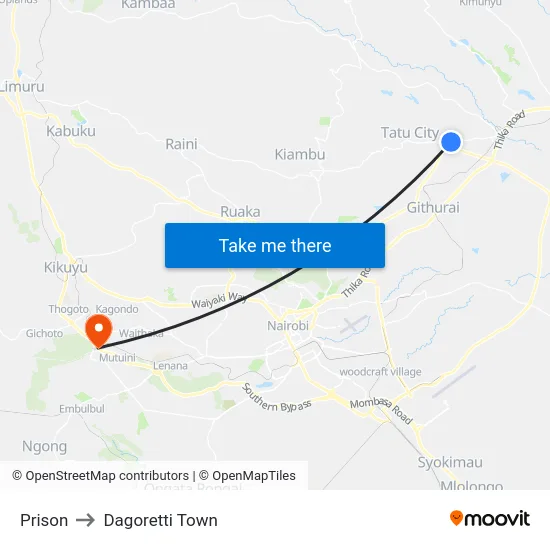 Prison to Dagoretti Town map