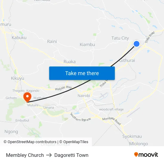 Membley Church to Dagoretti Town map