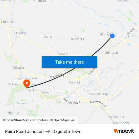 Ruiru Road Junction to Dagoretti Town map