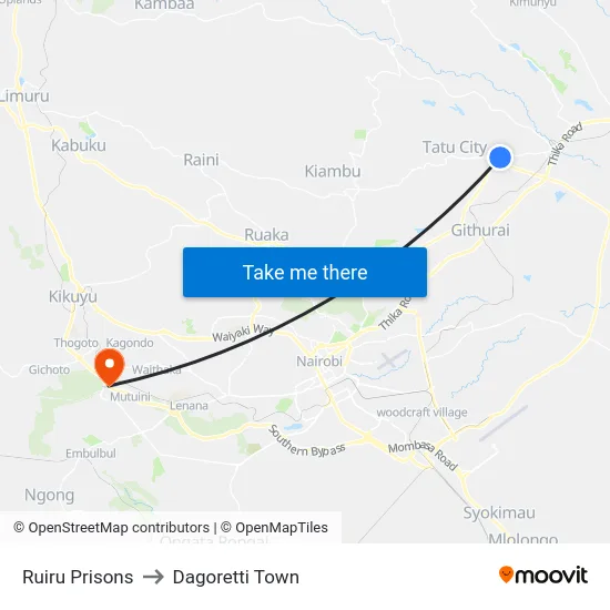 Ruiru Prisons to Dagoretti Town map