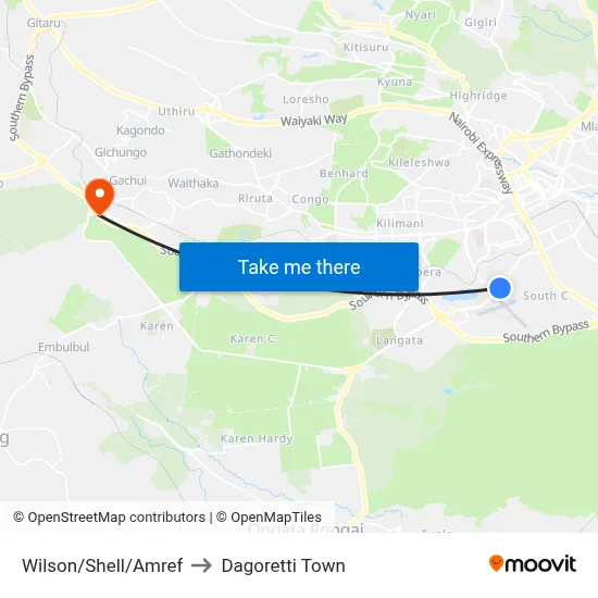 Wilson/Shell/Amref to Dagoretti Town map
