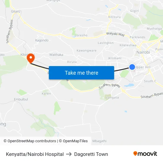Kenyatta/Nairobi Hospital to Dagoretti Town map