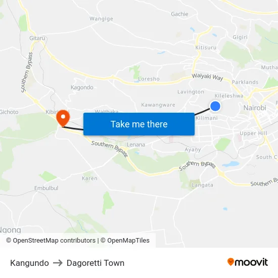 Kangundo to Dagoretti Town map