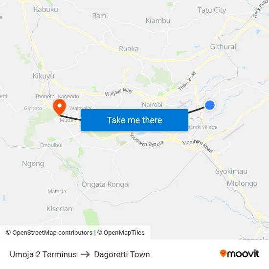 Umoja 2 Terminus to Dagoretti Town map